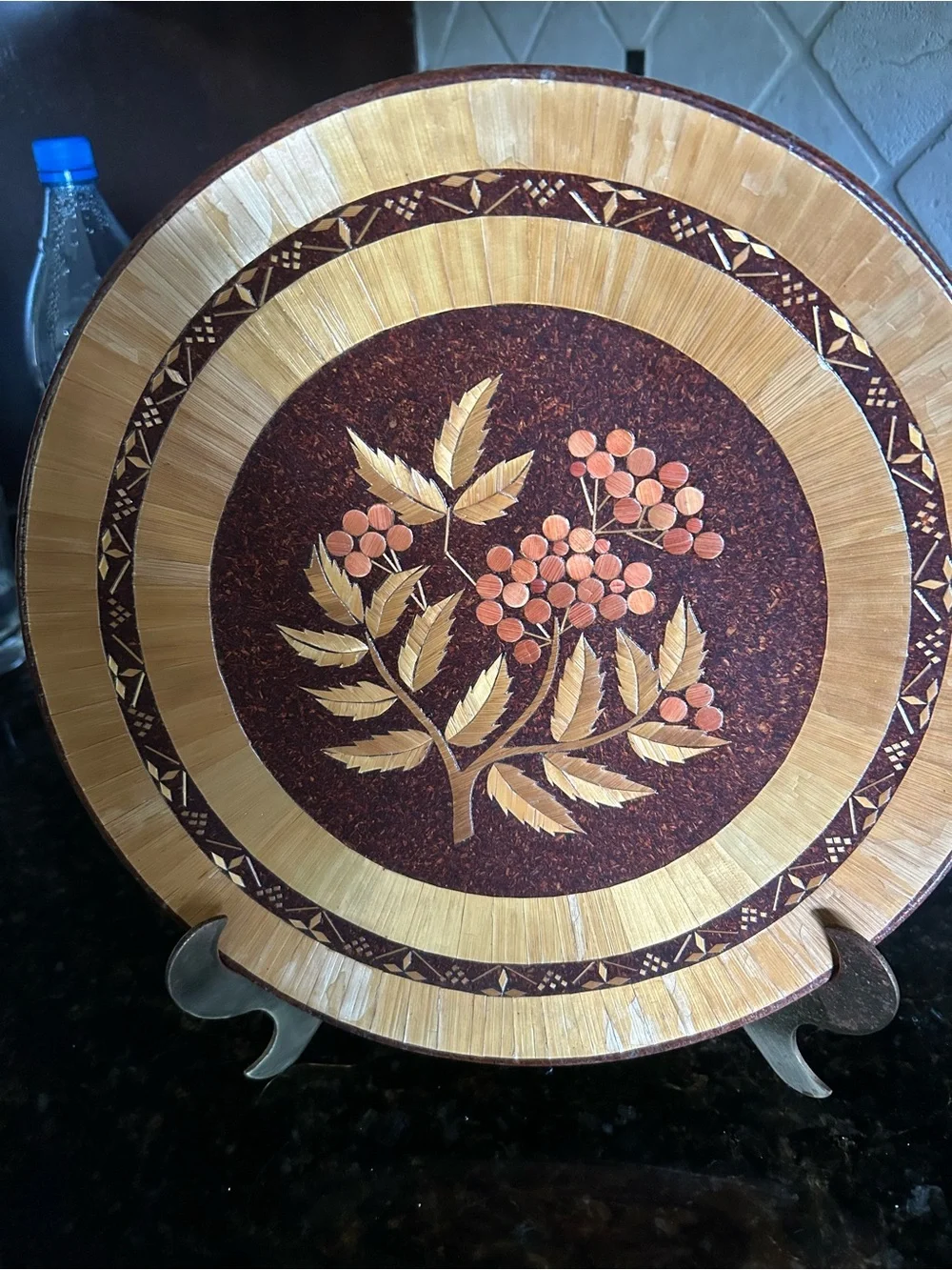 Ukrainian Decorative Inlaid Dinnerware Plate in Brown and Gold
